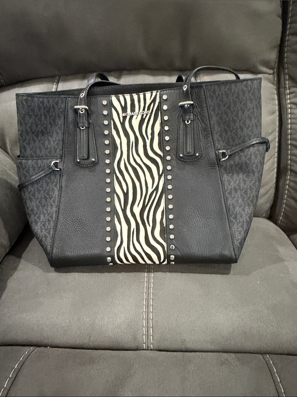 Michael Kors Black Tote with Zebra Center Panel